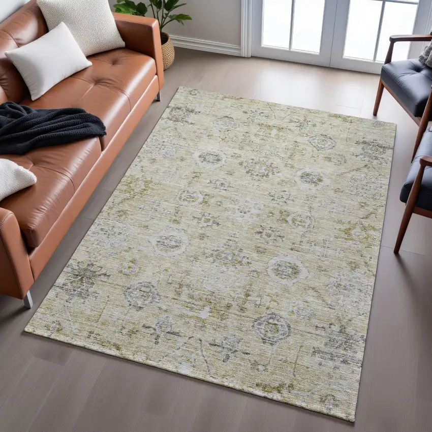 Beige Gray And Brown Damask Washable Area Rug With UV Protection Photo 5