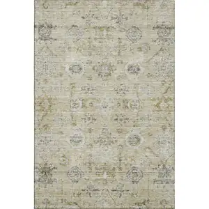 Photo of Beige Gray And Brown Damask Washable Area Rug With UV Protection