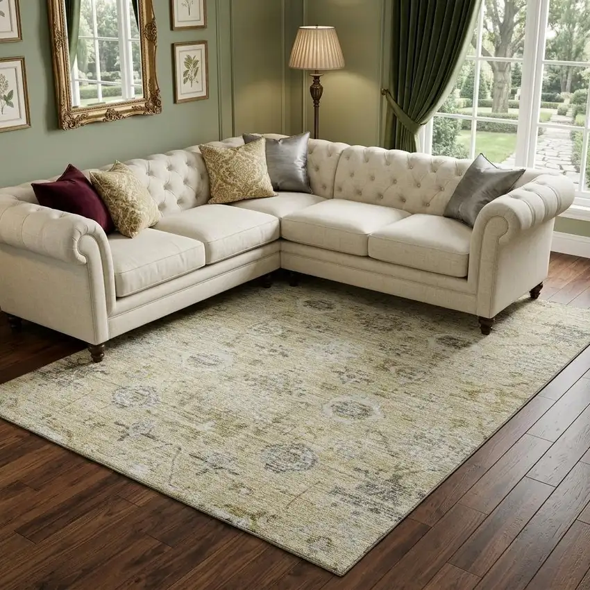Beige Gray And Brown Damask Washable Area Rug With UV Protection Photo 1