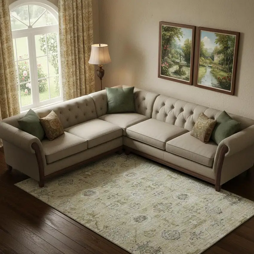 Beige Gray And Brown Damask Washable Area Rug With UV Protection Photo 2