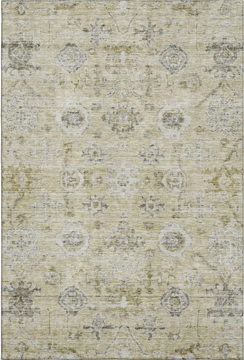 Beige Gray And Brown Damask Washable Area Rug With UV Protection Photo 1