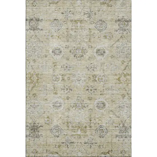 Beige Gray And Brown Damask Washable Area Rug With UV Protection Photo 1