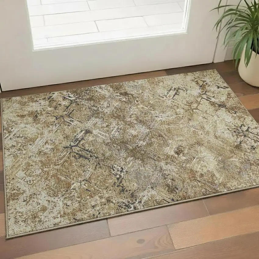 Beige Gray And Brown Diamond Washable Area Rug With UV Protection Photo 1
