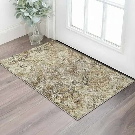 Beige Gray And Brown Diamond Washable Area Rug With UV Protection Photo 2