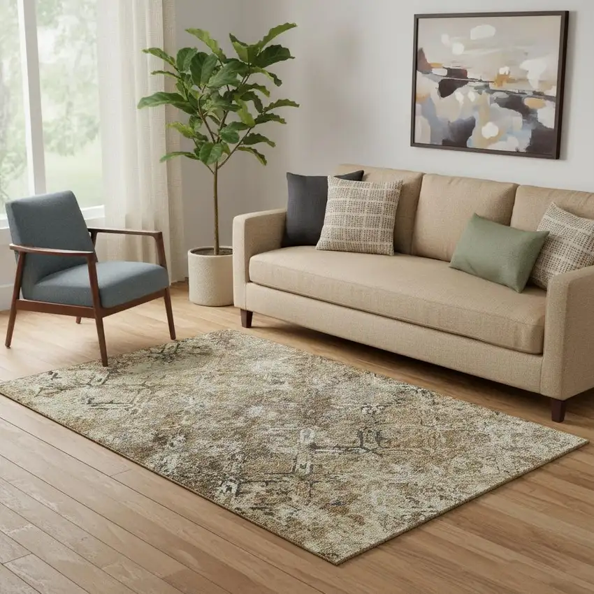 Beige Gray And Brown Diamond Washable Area Rug With UV Protection Photo 1