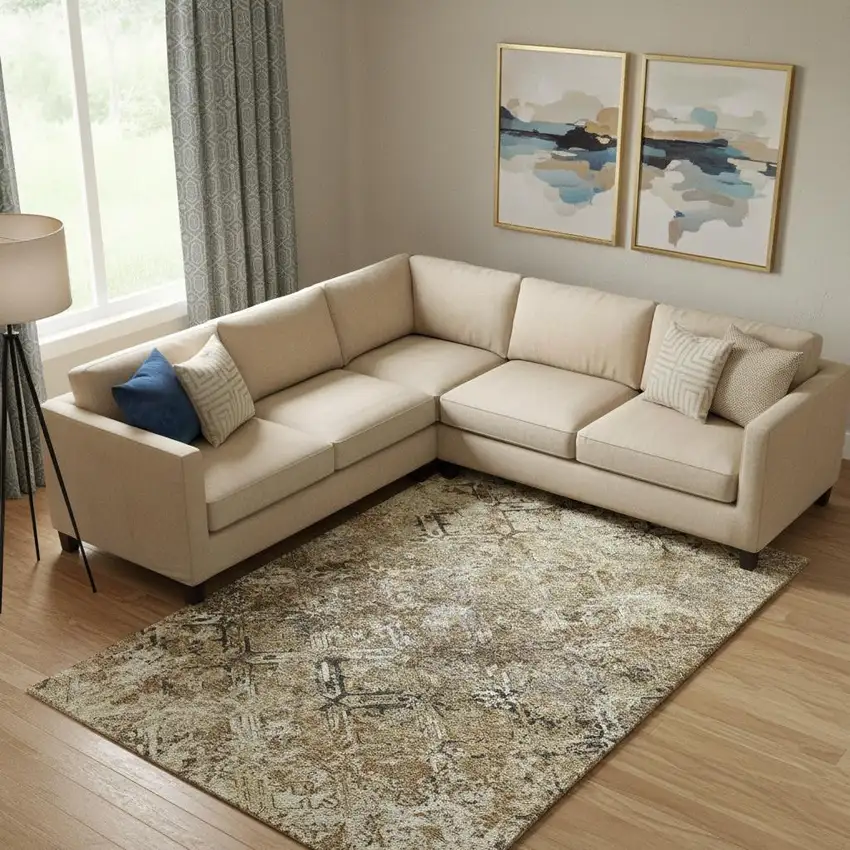 Beige Gray And Brown Diamond Washable Area Rug With UV Protection Photo 1