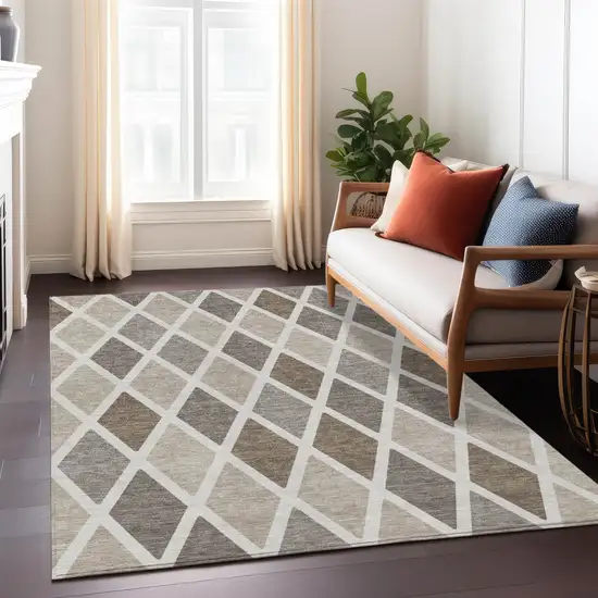 Beige Gray And Brown Geometric Washable Indoor Outdoor Area Rug Photo 9