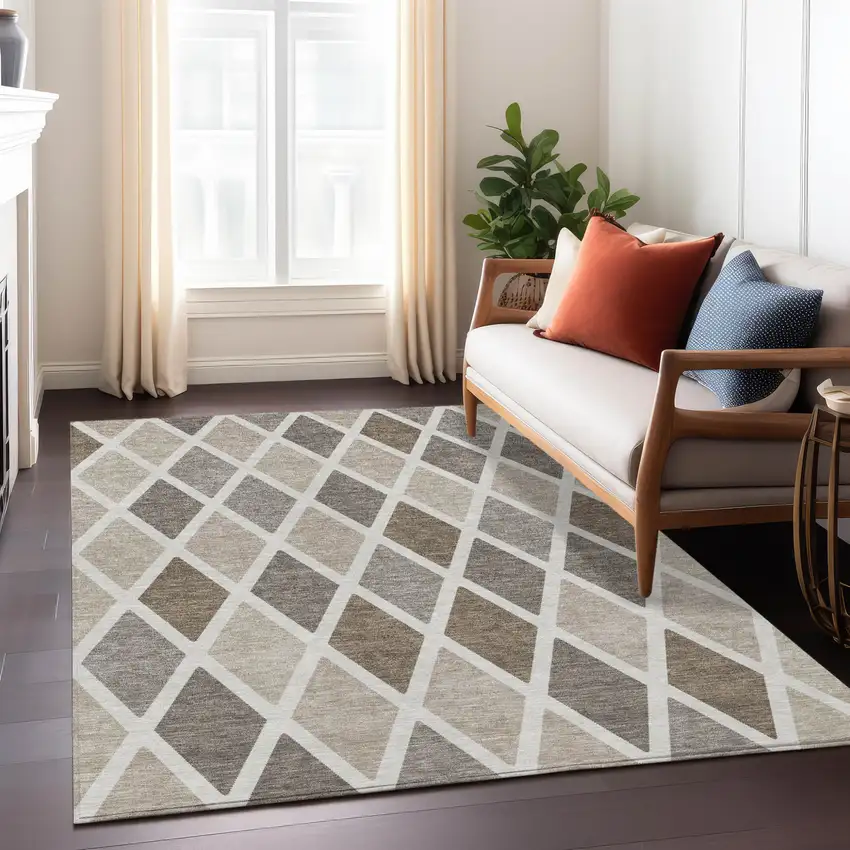 Beige Gray And Brown Geometric Washable Indoor Outdoor Area Rug Photo 9
