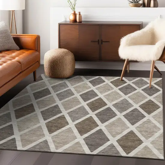 Beige Gray And Brown Geometric Washable Indoor Outdoor Area Rug Photo 9