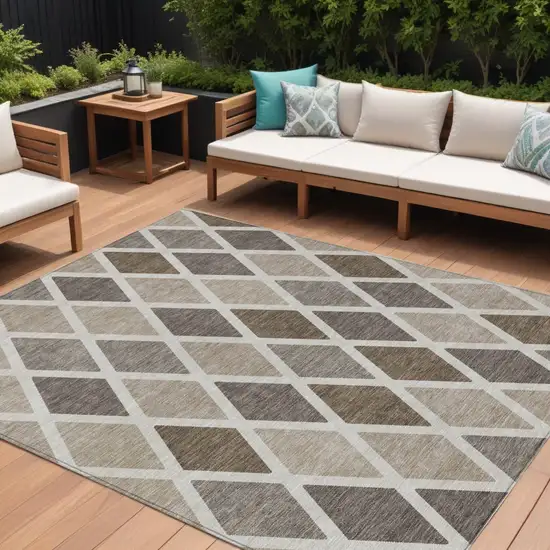 Beige Gray And Brown Geometric Washable Indoor Outdoor Area Rug Photo 1