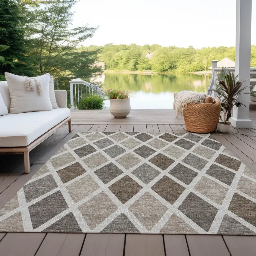 Beige Gray And Brown Geometric Washable Indoor Outdoor Area Rug Photo 8