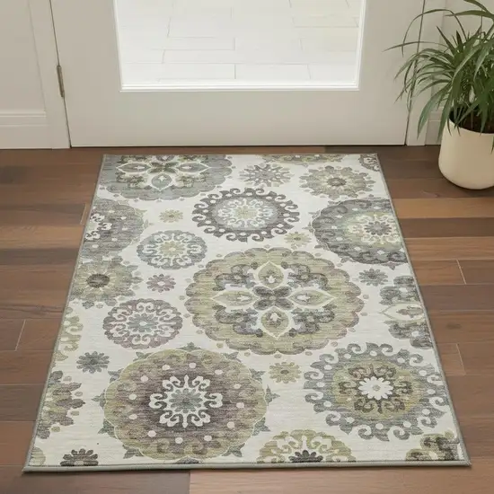 Beige Gray And Brown Medallion Washable Area Rug With UV Protection Photo 2