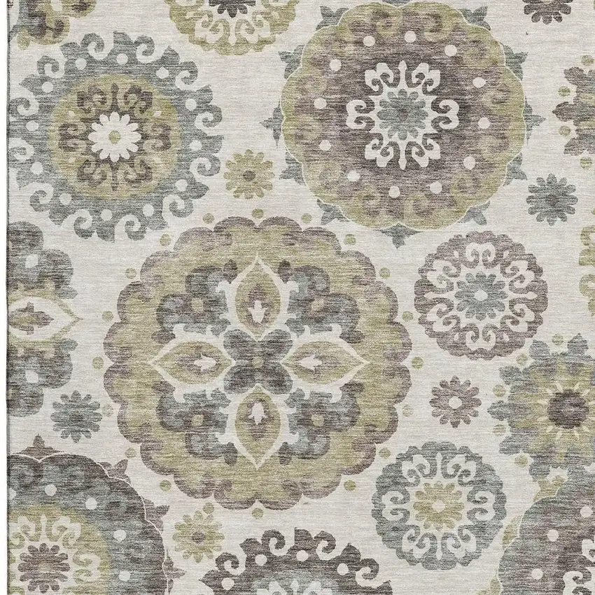 Beige Gray And Brown Medallion Washable Area Rug With UV Protection Photo 4