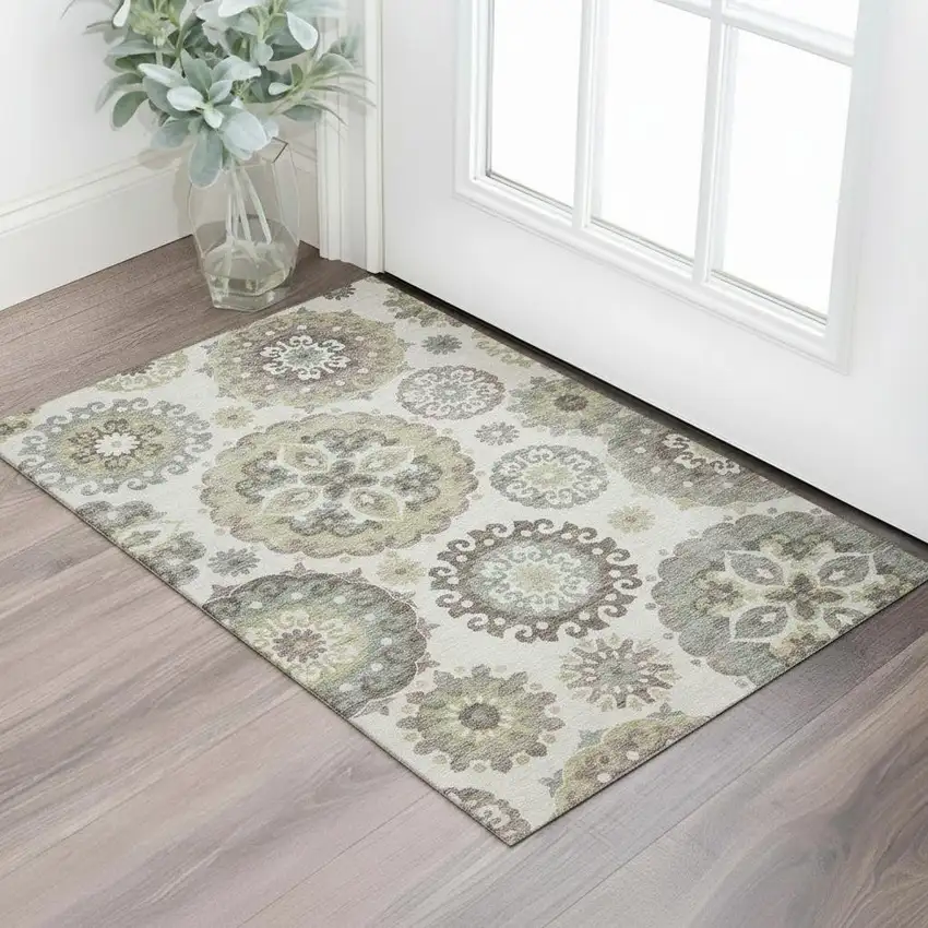 Beige Gray And Brown Medallion Washable Area Rug With UV Protection Photo 1