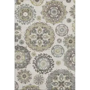 Photo of Beige Gray And Brown Medallion Washable Area Rug With UV Protection