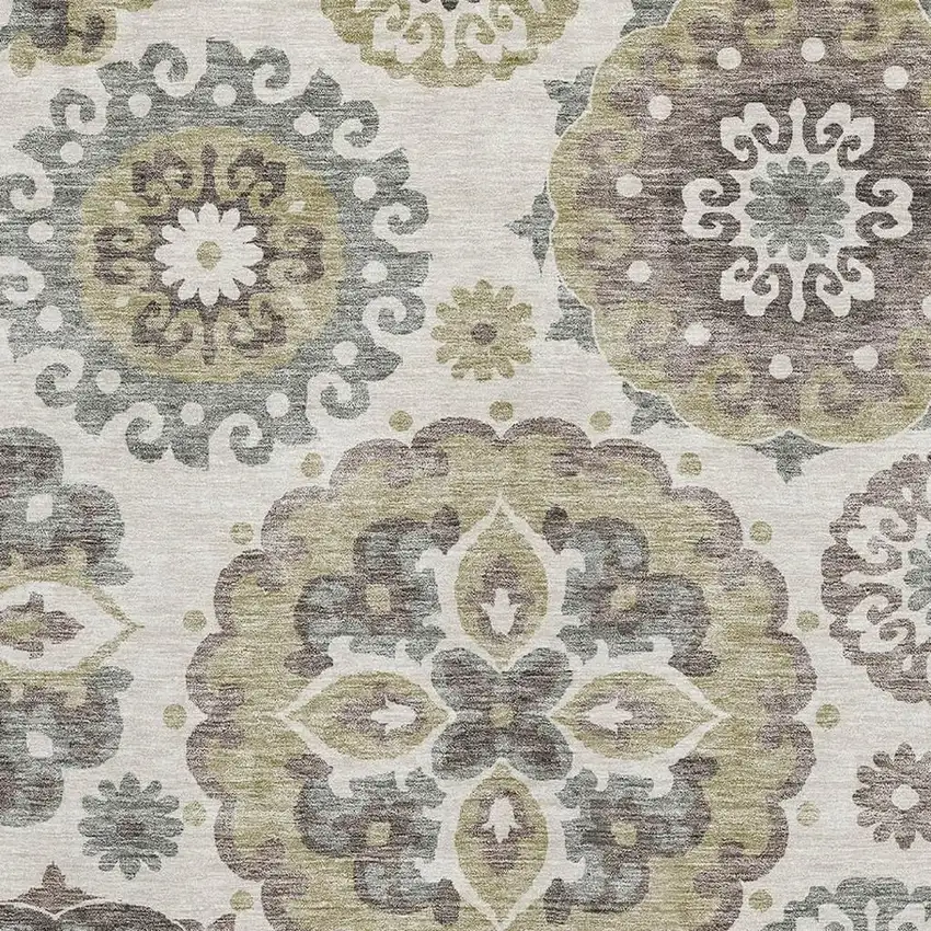 Beige Gray And Brown Medallion Washable Area Rug With UV Protection Photo 3
