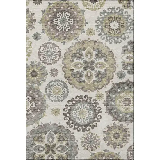 Beige Gray And Brown Medallion Washable Area Rug With UV Protection Photo 4