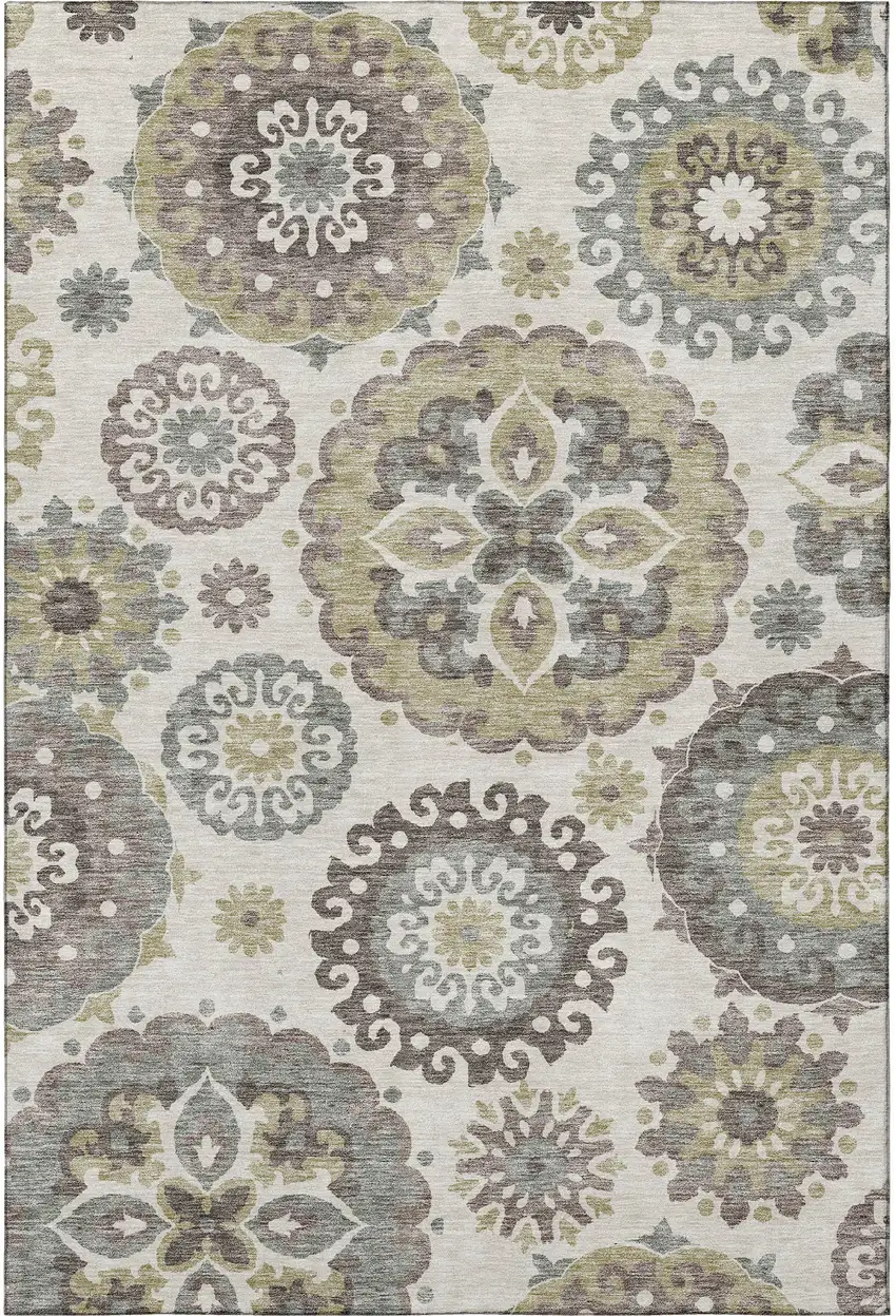 Beige Gray And Brown Medallion Washable Area Rug With UV Protection Photo 4