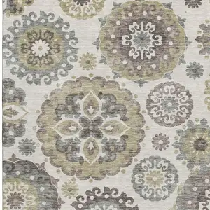 Photo of Beige Gray And Brown Medallion Washable Area Rug With UV Protection
