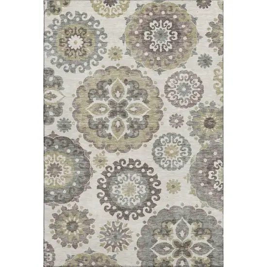 Beige Gray And Brown Medallion Washable Area Rug With UV Protection Photo 2