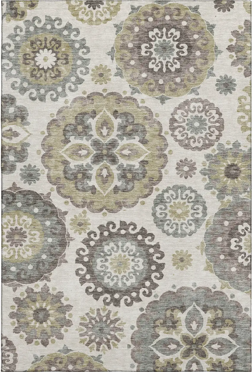 Beige Gray And Brown Medallion Washable Area Rug With UV Protection Photo 2
