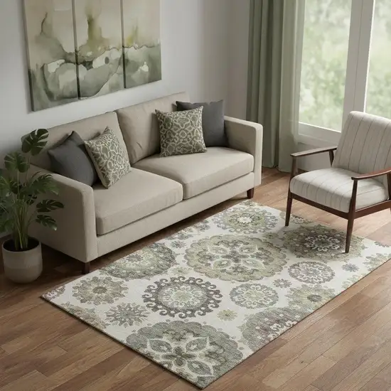 Beige Gray And Brown Medallion Washable Area Rug With UV Protection Photo 1