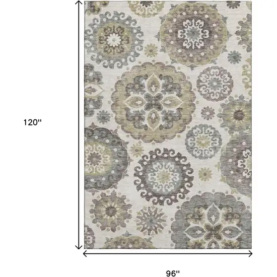 Beige Gray And Brown Medallion Washable Area Rug With UV Protection Photo 3