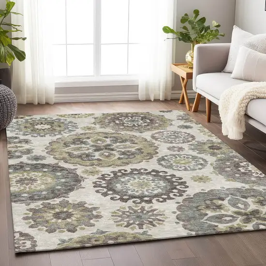 Beige Gray And Brown Medallion Washable Area Rug With UV Protection Photo 5