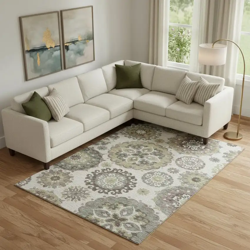 Beige Gray And Brown Medallion Washable Area Rug With UV Protection Photo 1