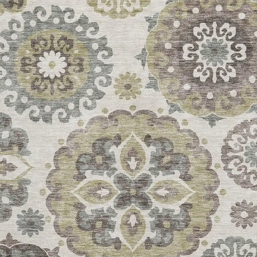 Beige Gray And Brown Medallion Washable Area Rug With UV Protection Photo 3