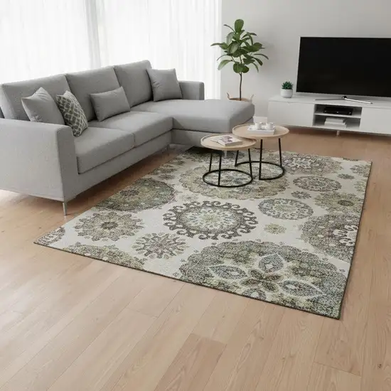Beige Gray And Brown Medallion Washable Area Rug With UV Protection Photo 2