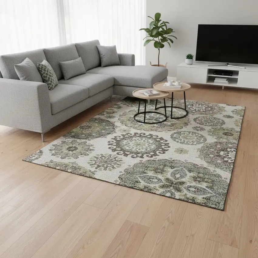 Beige Gray And Brown Medallion Washable Area Rug With UV Protection Photo 2