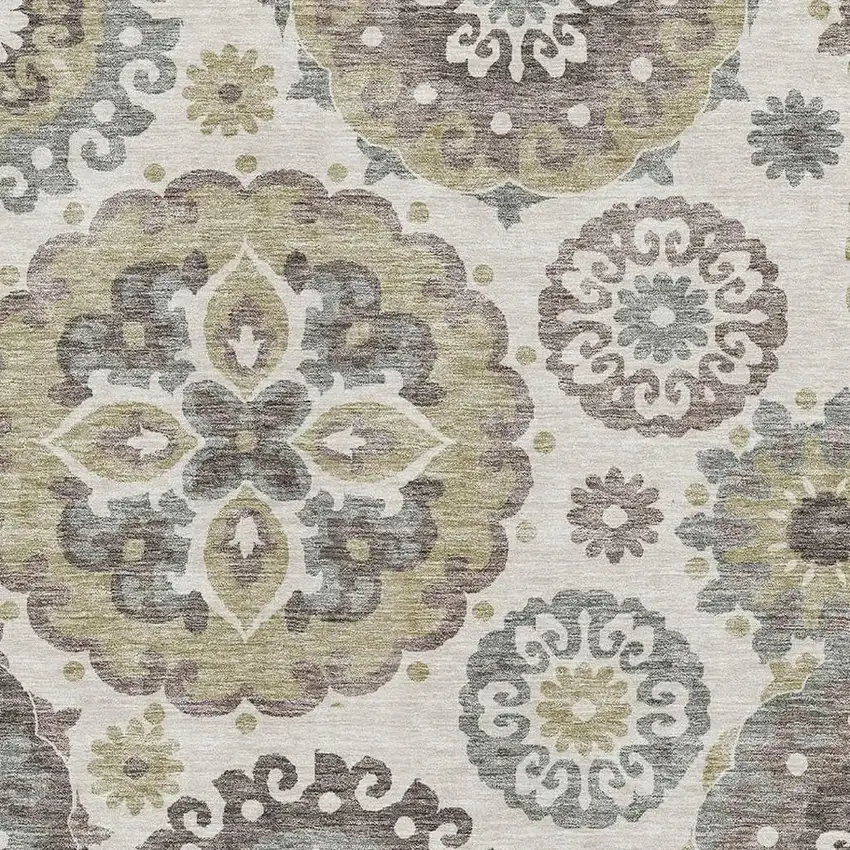 Beige Gray And Brown Medallion Washable Area Rug With UV Protection Photo 3
