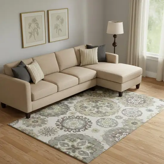 Beige Gray And Brown Medallion Washable Area Rug With UV Protection Photo 1