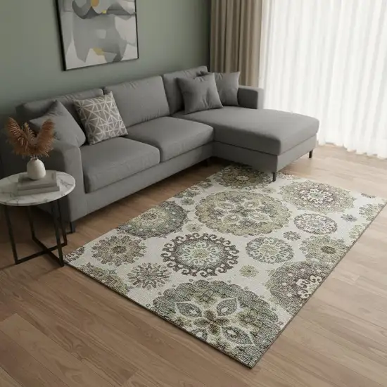 Beige Gray And Brown Medallion Washable Area Rug With UV Protection Photo 2