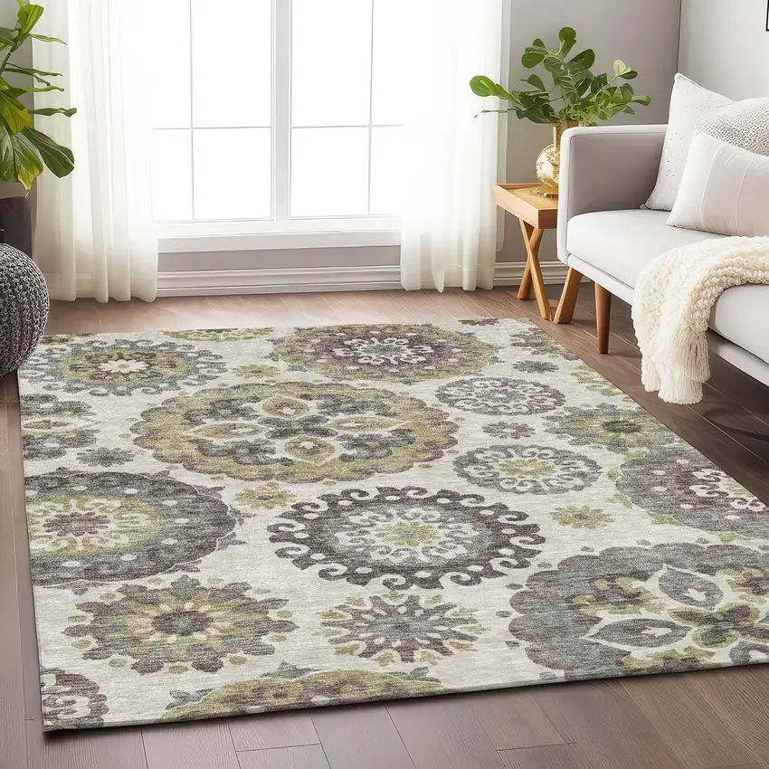 Beige Gray And Brown Medallion Washable Area Rug With UV Protection Photo 5