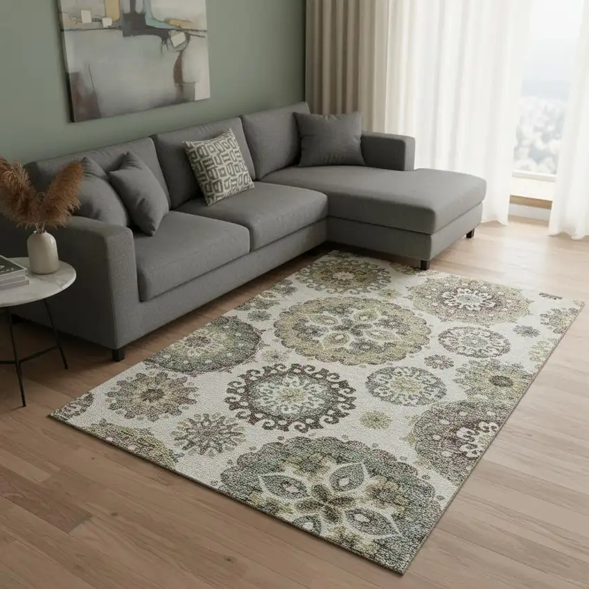 Beige Gray And Brown Medallion Washable Area Rug With UV Protection Photo 2