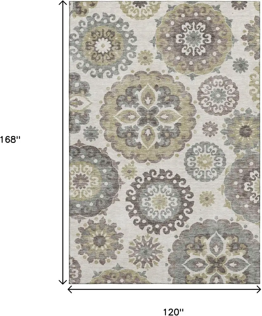 Beige Gray And Brown Medallion Washable Area Rug With UV Protection Photo 3