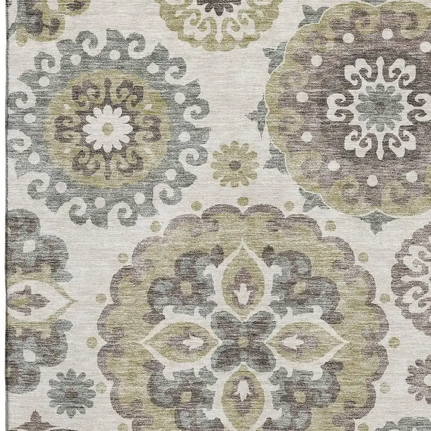 Beige Gray And Brown Medallion Washable Area Rug With UV Protection Photo 3