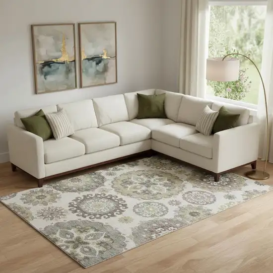 Beige Gray And Brown Medallion Washable Area Rug With UV Protection Photo 1