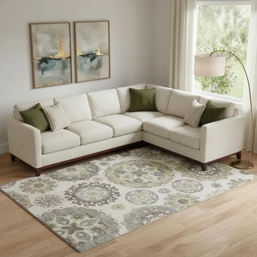 Beige Gray And Brown Medallion Washable Area Rug With UV Protection Photo 1