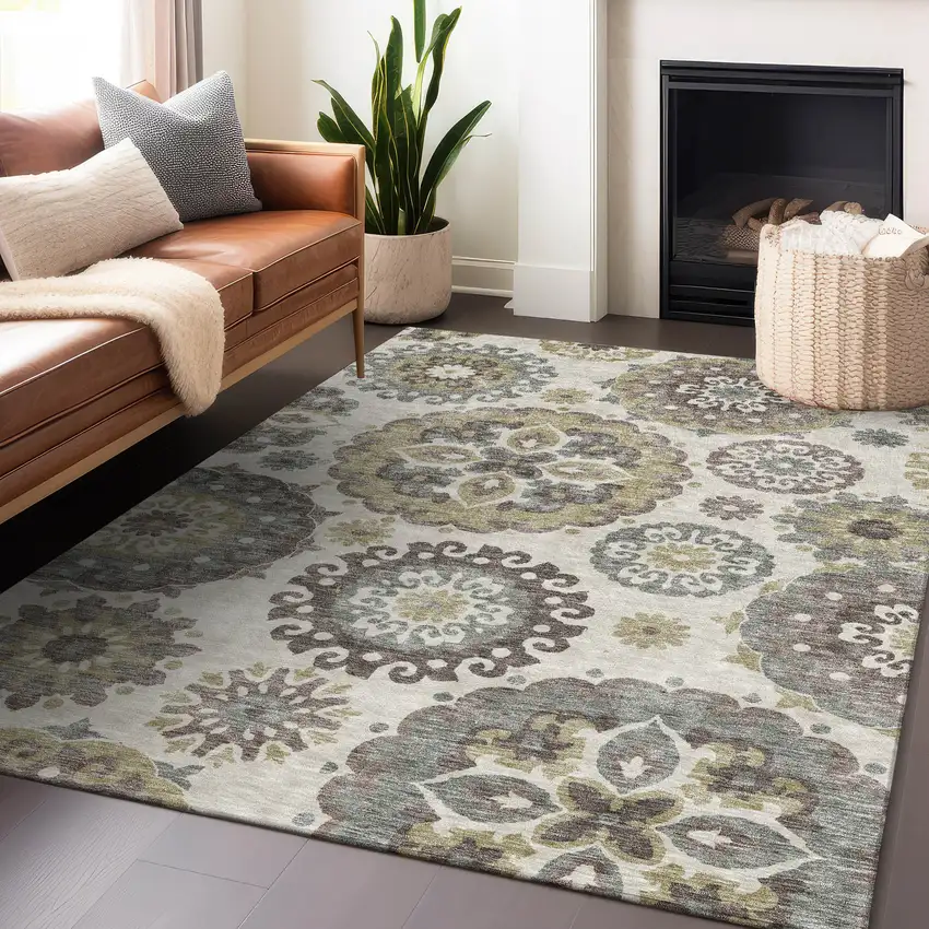 Beige Gray And Brown Medallion Washable Area Rug With UV Protection Photo 6