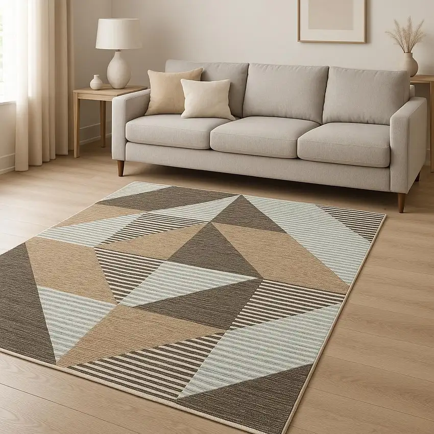 Beige Gray And Brown Striped Area Rug With Fringe Photo 1