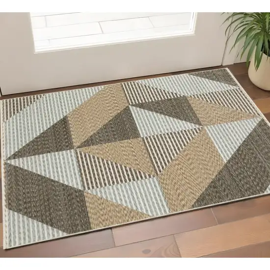 Beige Gray And Brown Striped Area Rug With Fringe Photo 1