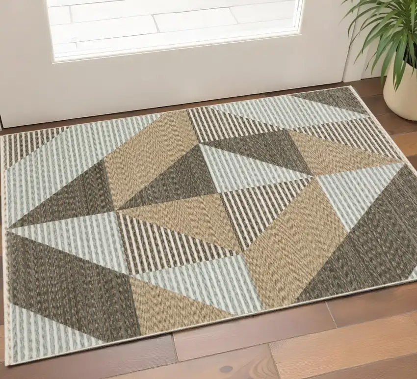 Beige Gray And Brown Striped Area Rug With Fringe Photo 1