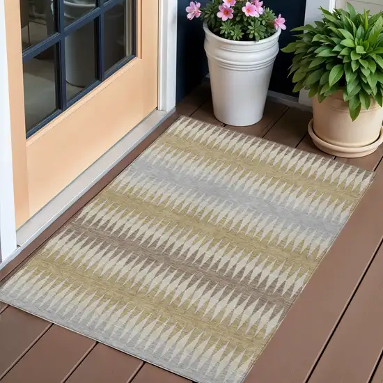 Beige Gray And Brown Striped Washable Indoor Outdoor Area Rug Photo 1