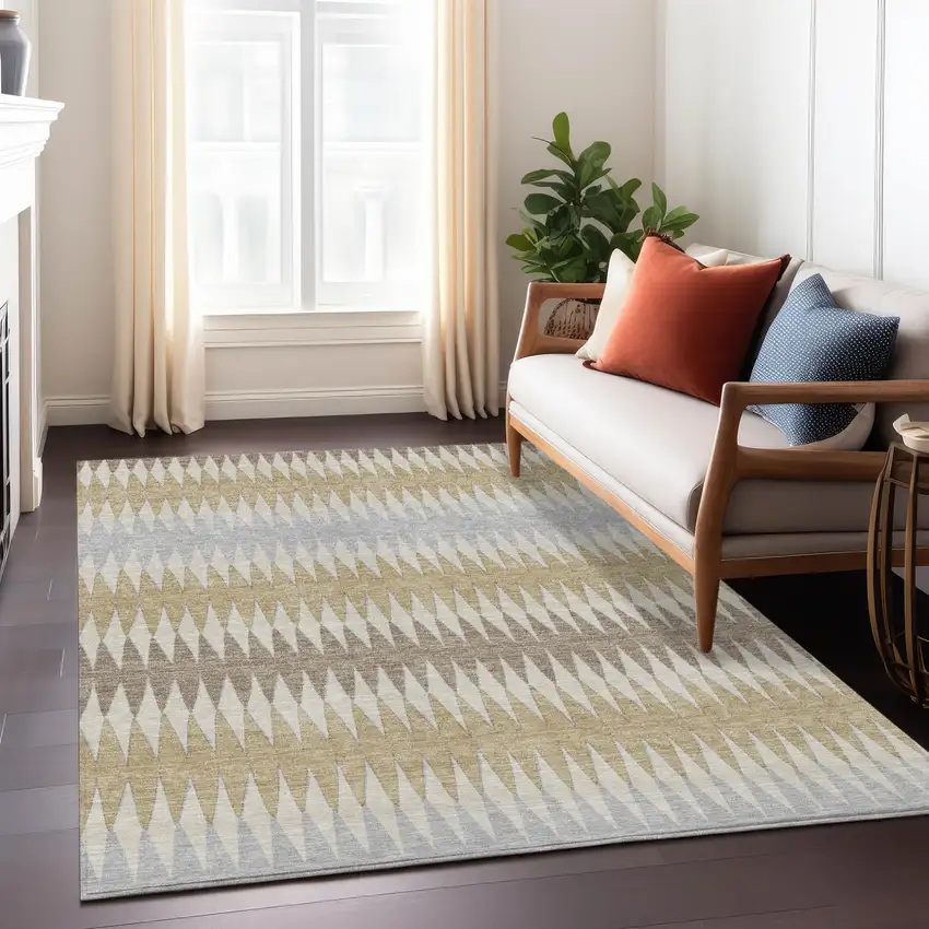Beige Gray And Brown Striped Washable Indoor Outdoor Area Rug Photo 9