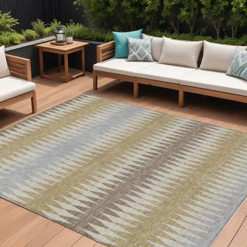Beige Gray And Brown Striped Washable Indoor Outdoor Area Rug Photo 1