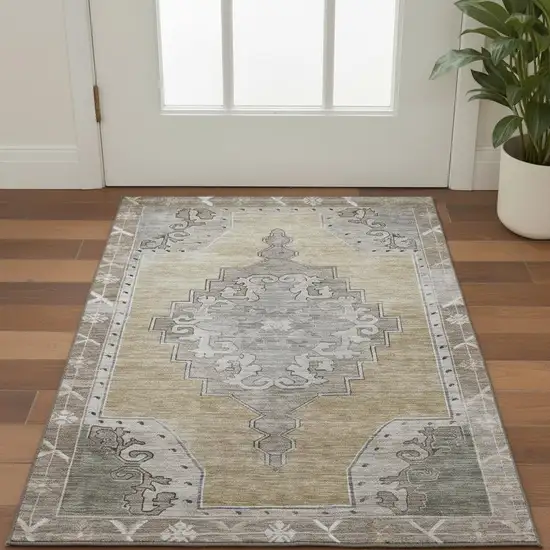 Beige Gray And Charcoal Oriental Washable Area Rug With UV Protection Photo 2