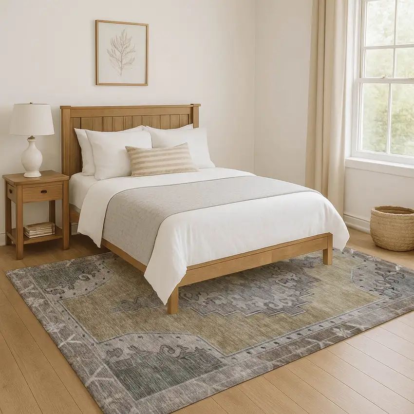 Beige Gray And Charcoal Oriental Washable Area Rug With UV Protection Photo 5